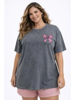 Simply Southern Gray T-Shirt with Pink Bow Design XL